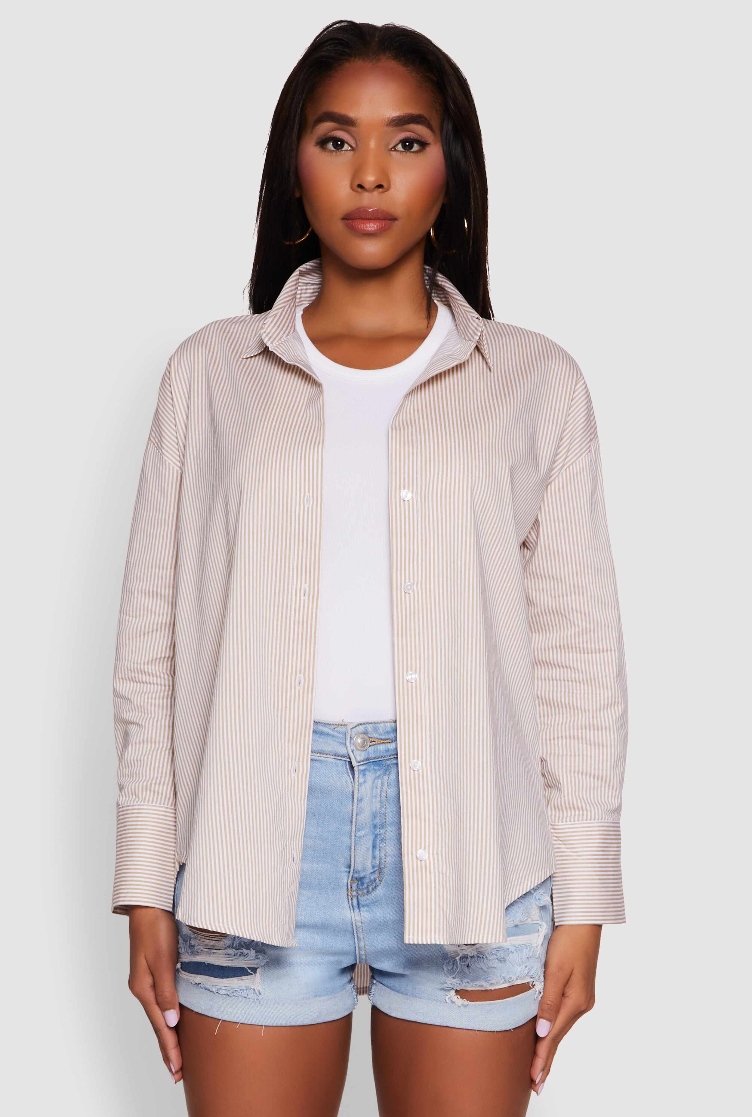 Pinstripe Button Front Long Sleeve Shirt