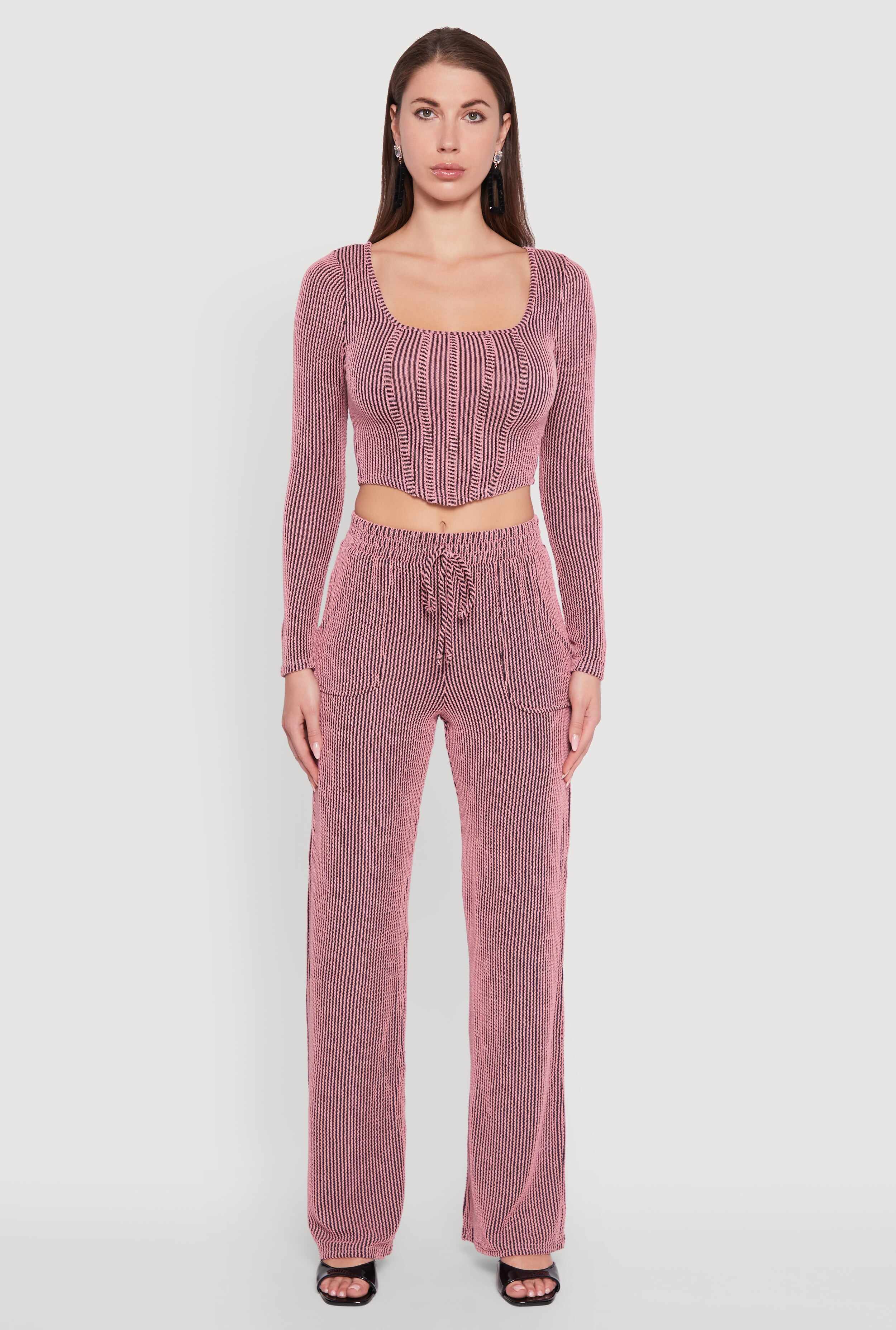 Rib Knit Shadow Stripe Corset Detail Crop Top