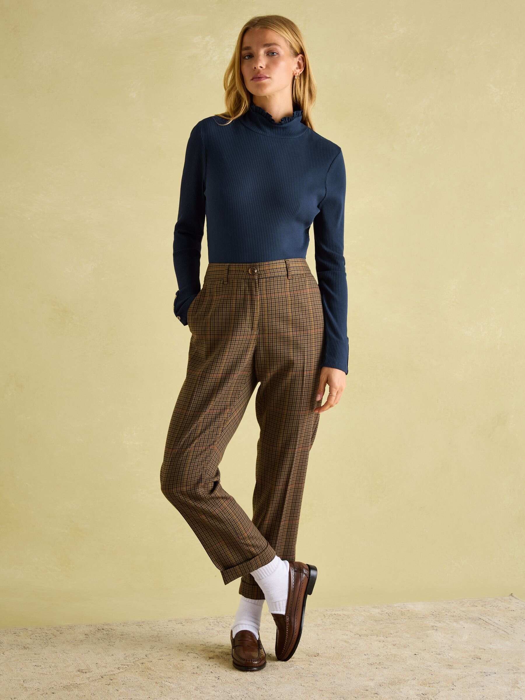 Amy Navy Blue Ribbed Long Sleeve High Neck Jersey Top
