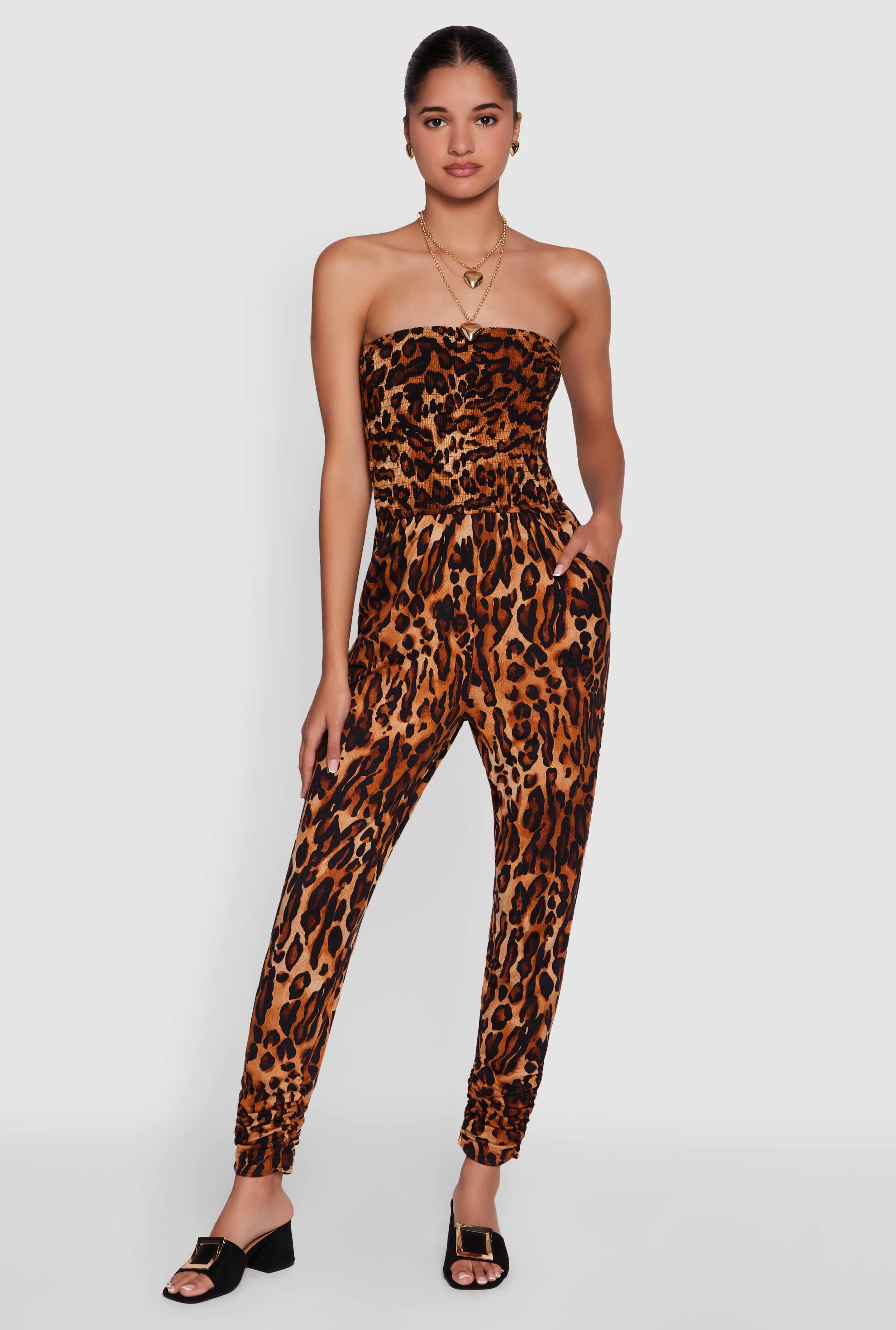Leopard Print Smocked Tube Jumpsuit