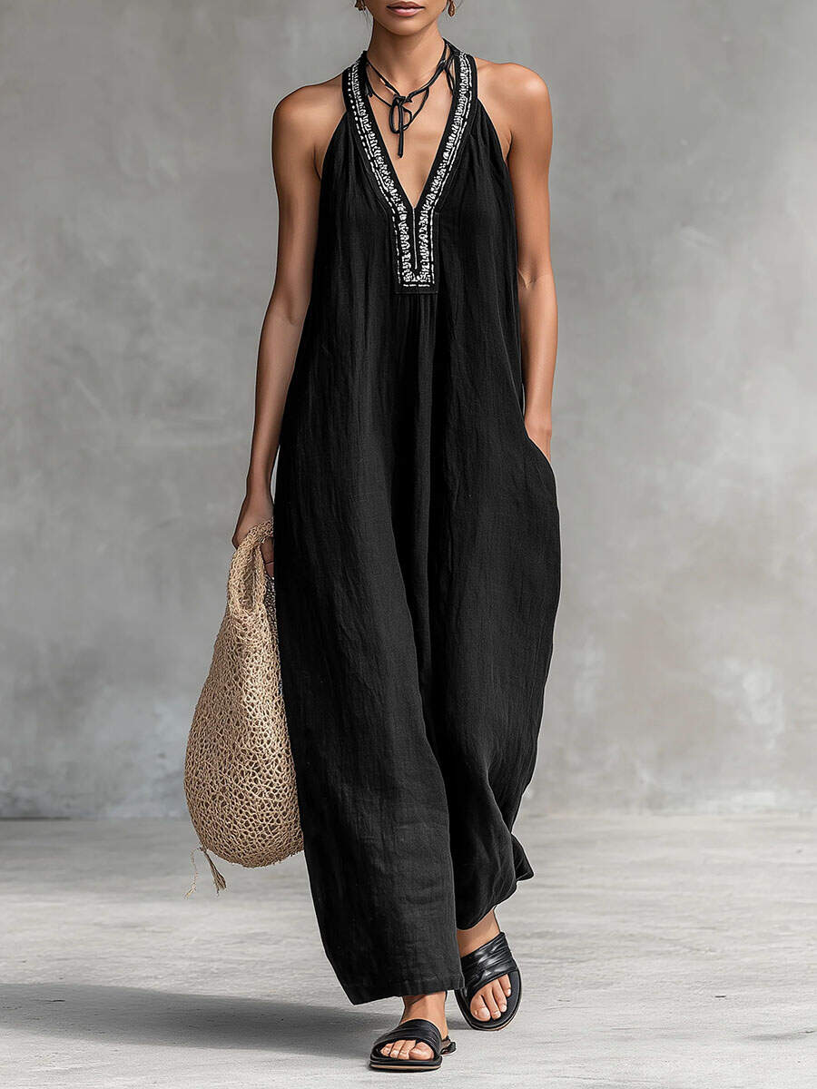 🔥Summer Arrivals🌟Women's Solid Color V-Neck Halter Neck Sleeveless Casual Loose Cotton Linen Wide-Leg Jumpsuit