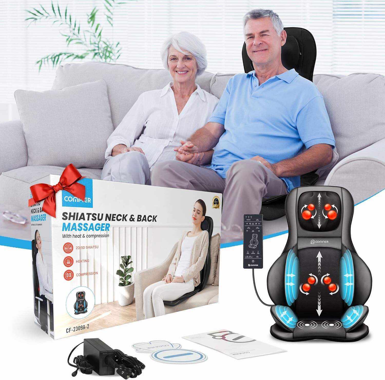 COMFIER Shiatsu Neck Back Massager with Heat and Compression, App Control 2D or 3D Deep Tissue Kneading Massage Chair Pad, Chair Massager for Full Body Pain Relief, Ideal Gifts,Grey