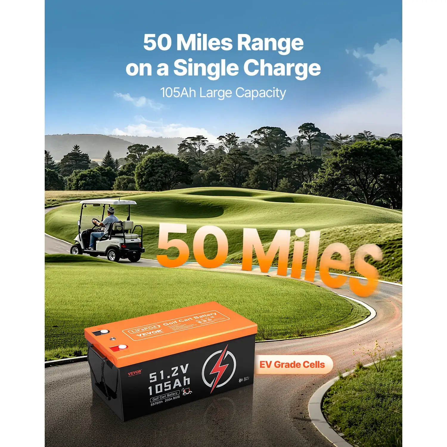 48V（51.2V) 105Ah Golf Cart Lithium Battery,48 Volt Golf Cart Battery with 200A BMS, LCD Monitor and Mobile APP, LiFePO4 Battery with 600A Peak Current, 20A Charger and 4000+ Cycles, for Golf Carts