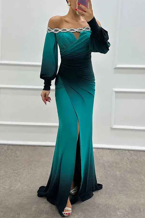 Gradient print boat neck off-shoulder long dress
