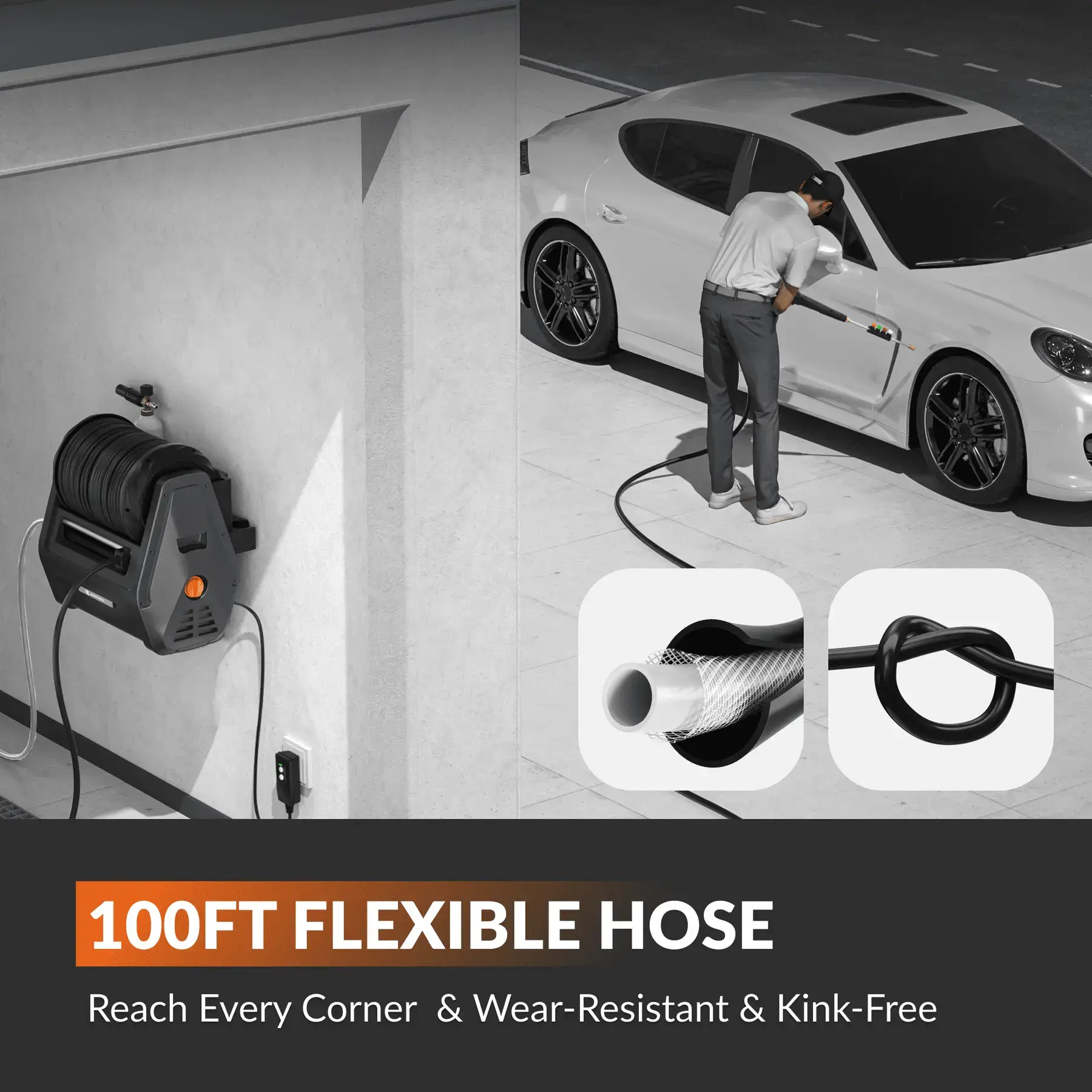 Retractable 2900PSI & 2.2 GPM Pressure Washer 2X Lower Noise for quite Essential 100ft replaceable Ultra-Soft Hose, 4 Nozzles, Total Stop System, Breezy Retraction, Eco-Friendly Reuse, Ready-To-Use Design