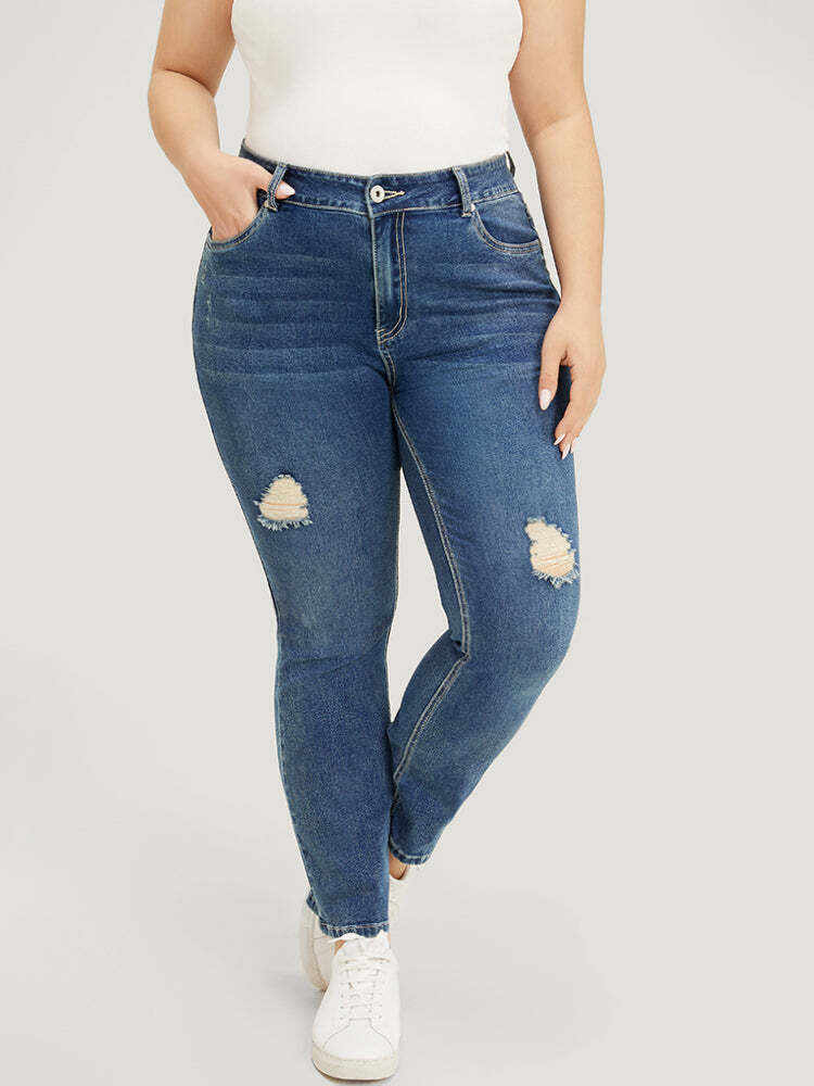 Straight Leg Very Stretchy High Rise Medium Wash Jeans