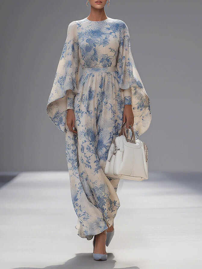 Elegant Blue And White Printed Trumpet Sleeve Maxi Dress