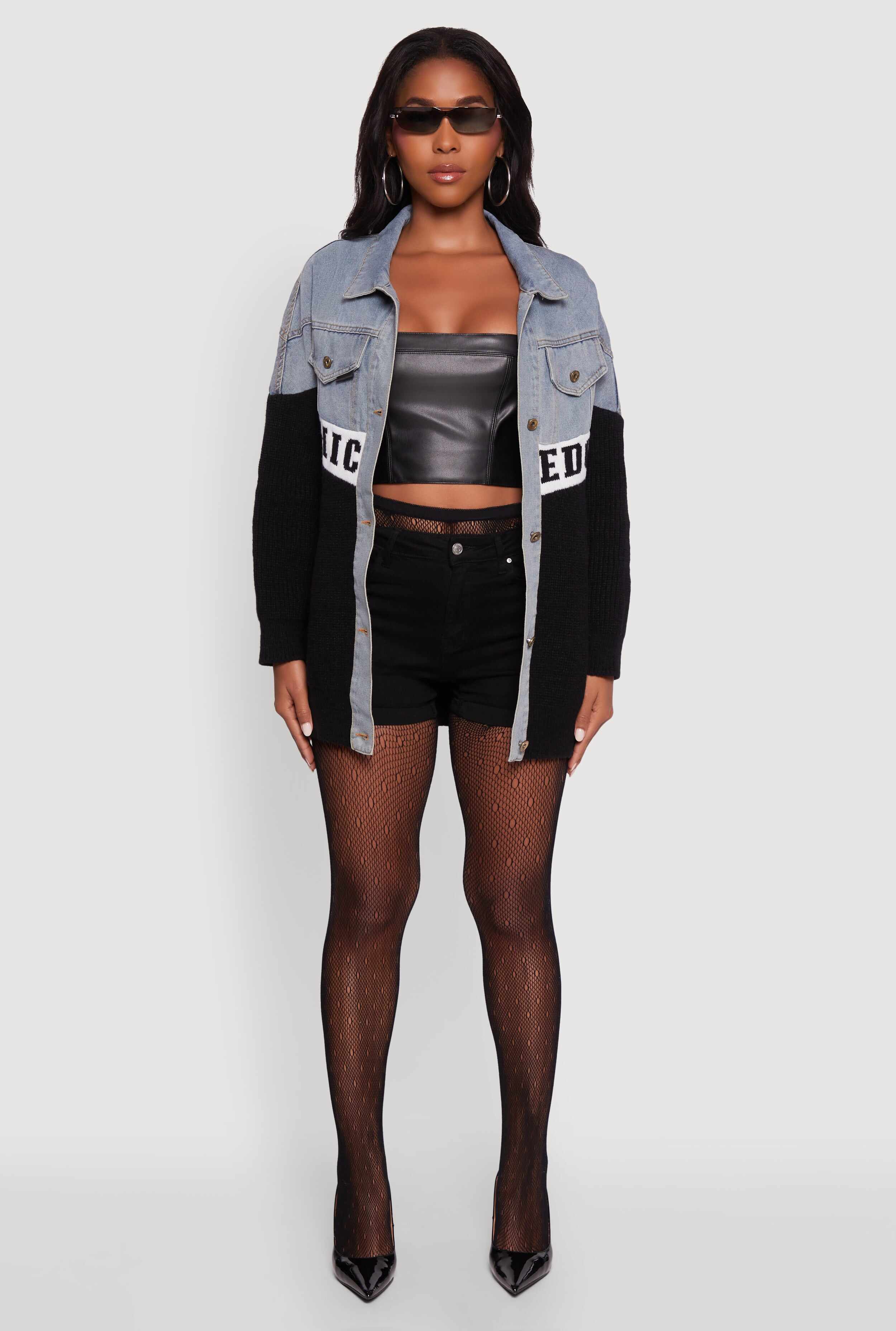 Color Block Chic Graphic Knit Denim Jacket