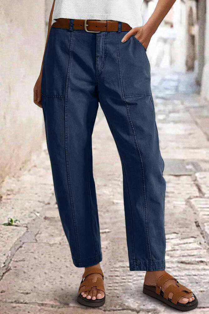 🔥 Last Day For Clearance！ !10 packs only $32!Solid Stitch Detail Mid Waist Barrel Leg Pants Without Belt