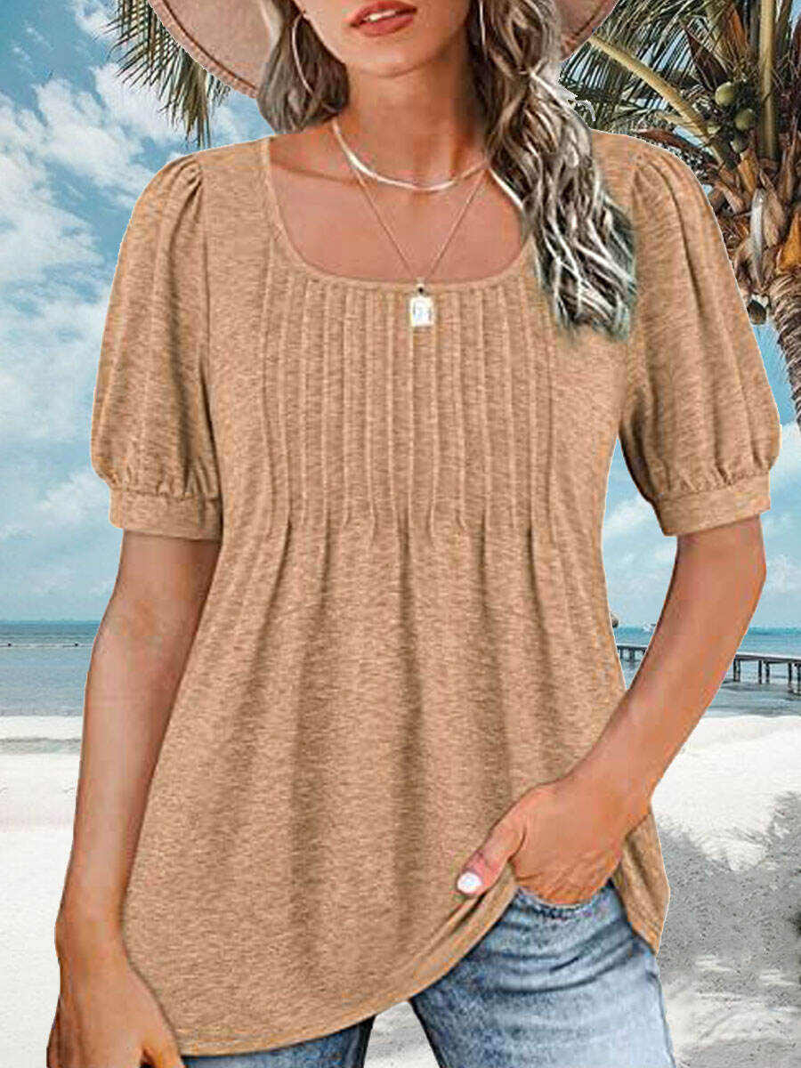 Square Neck Casual Loose Solid Color Short Sleeve T-Shirt