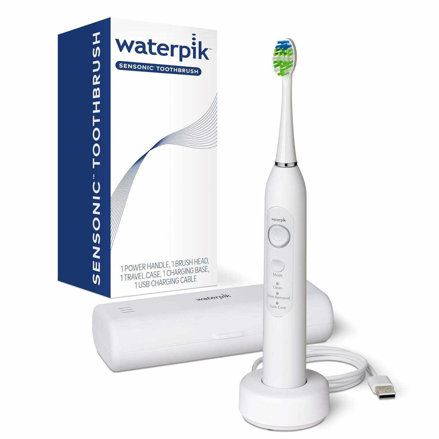 Waterpik Sensonic Sonic Electric Toothbrush, Rechargeable Toothbrush for Adults with 3 Modes, Travel Case, USB Charger, White STW-03W020