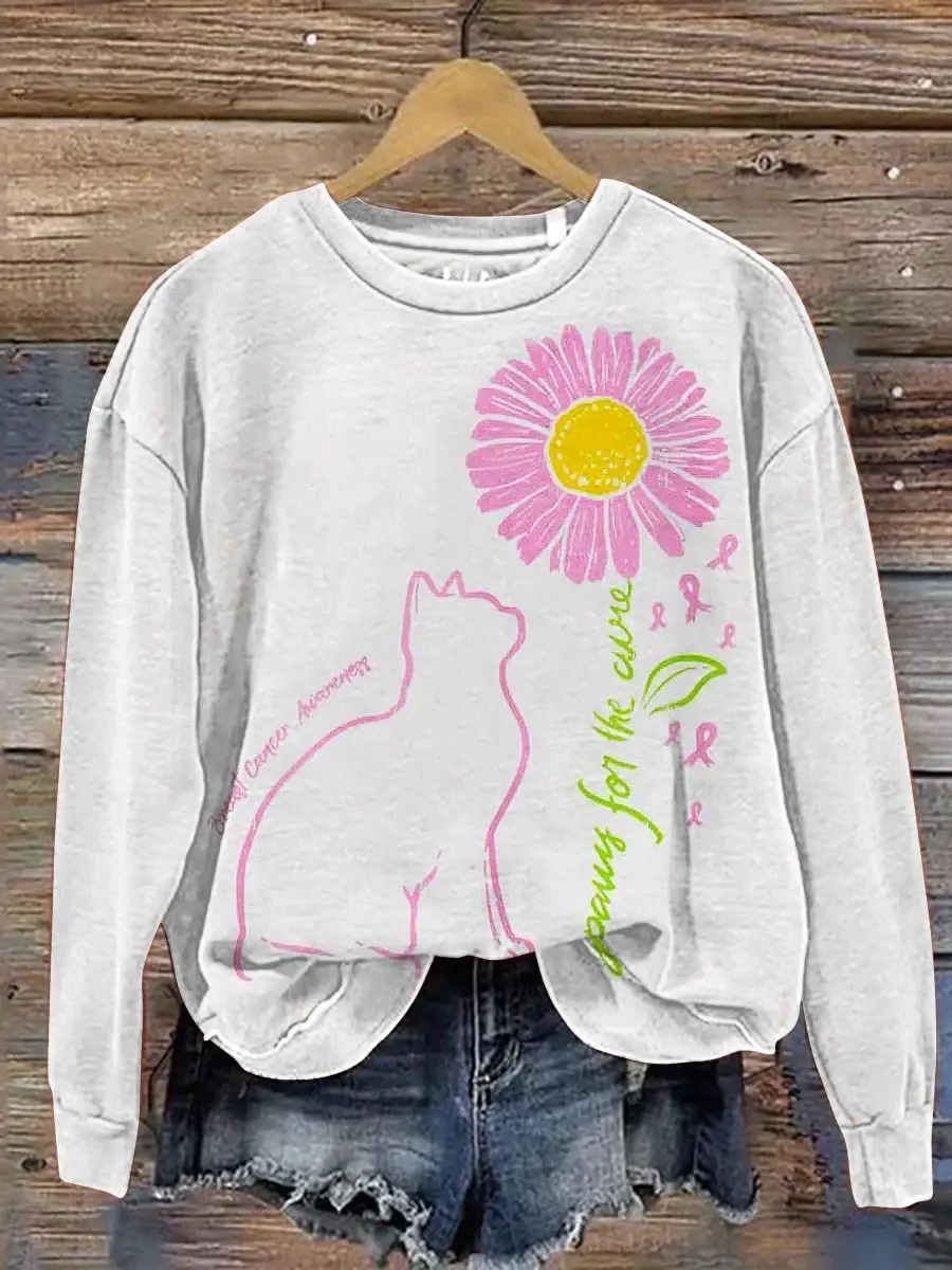 Women's Cat Sunflower Paws For The Cure Breast Cancer Awareness Print Pattern Casual Sweatshirt