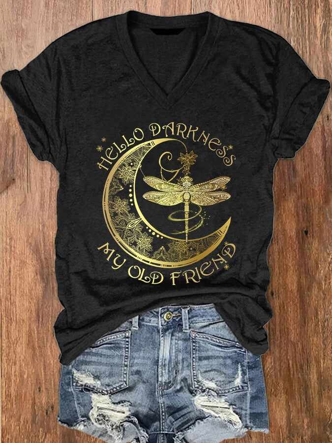 Women's Hippie Hello Darkness My Old Friend Printed V-Neck T-Shirt
