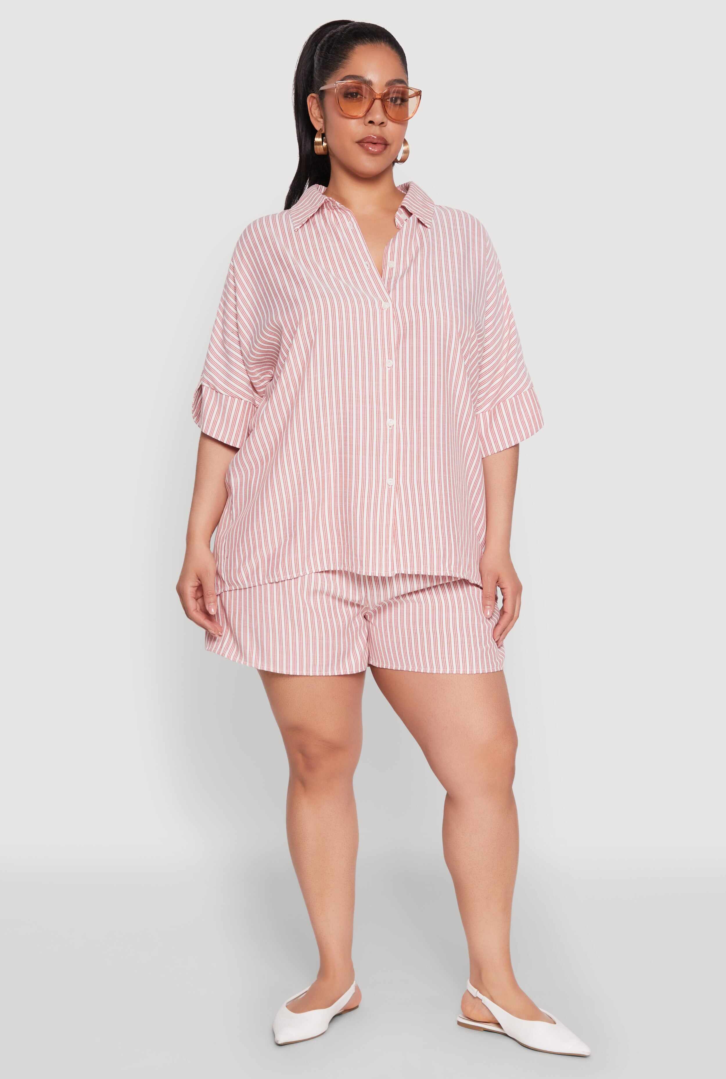Plus Size Striped Button Front Shirt