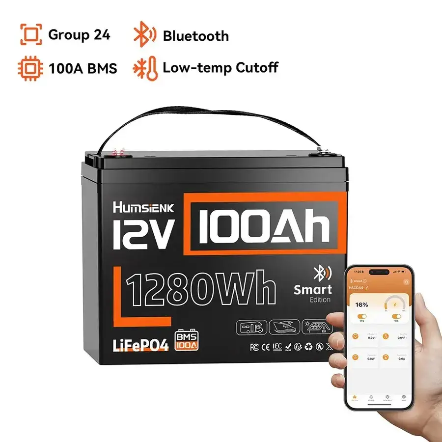 12V 100Ah LiFePO4 Bluetooth Lithium Battery, Built-in 100A BMS & Low-Temp Protection, for RV/Marine/Trolling Motor/Off-Grid/Home Backup