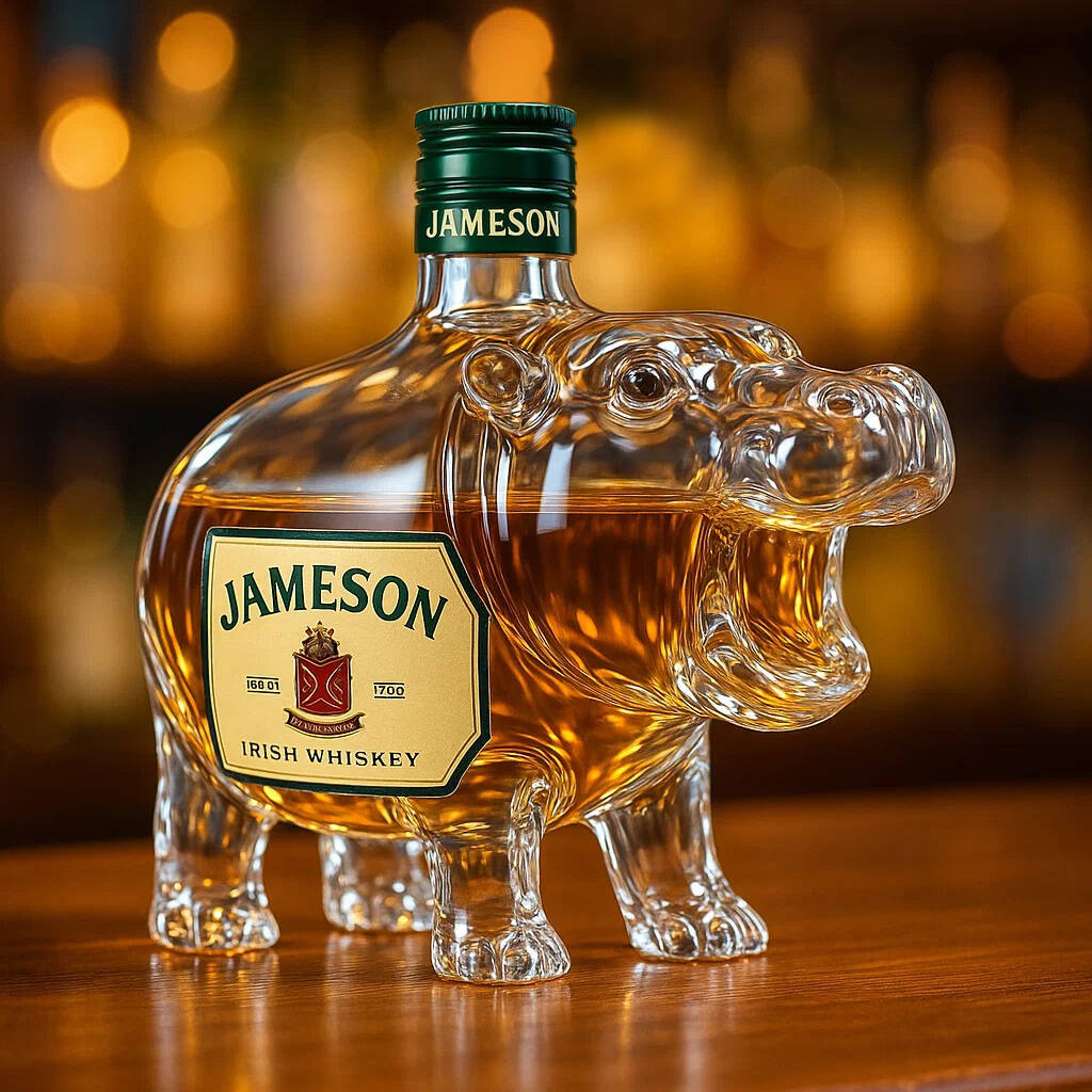 Super popular hippopotamus Moo Deng whisky bottle