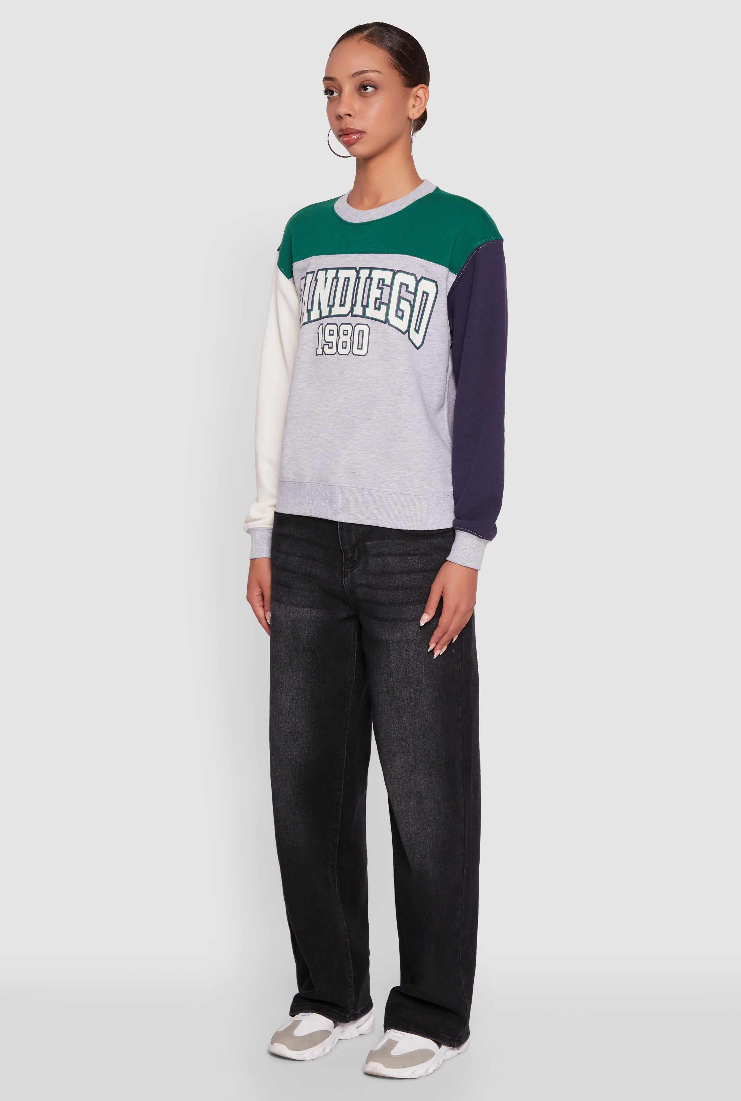 Madden Girl Color Blocked Graphic Crew Neck Sweatshirt