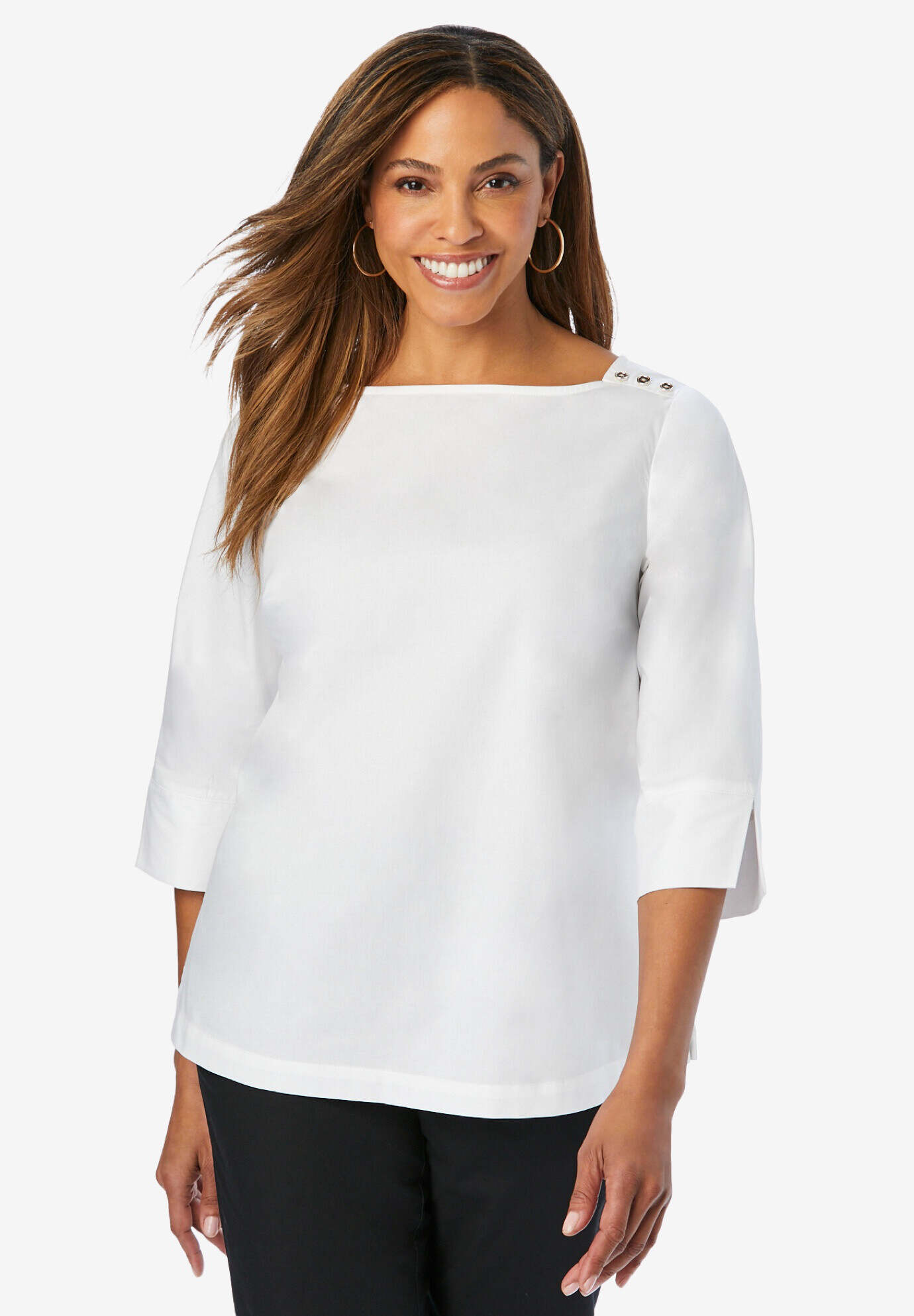 Stretch Poplin Button Boatneck Tunic