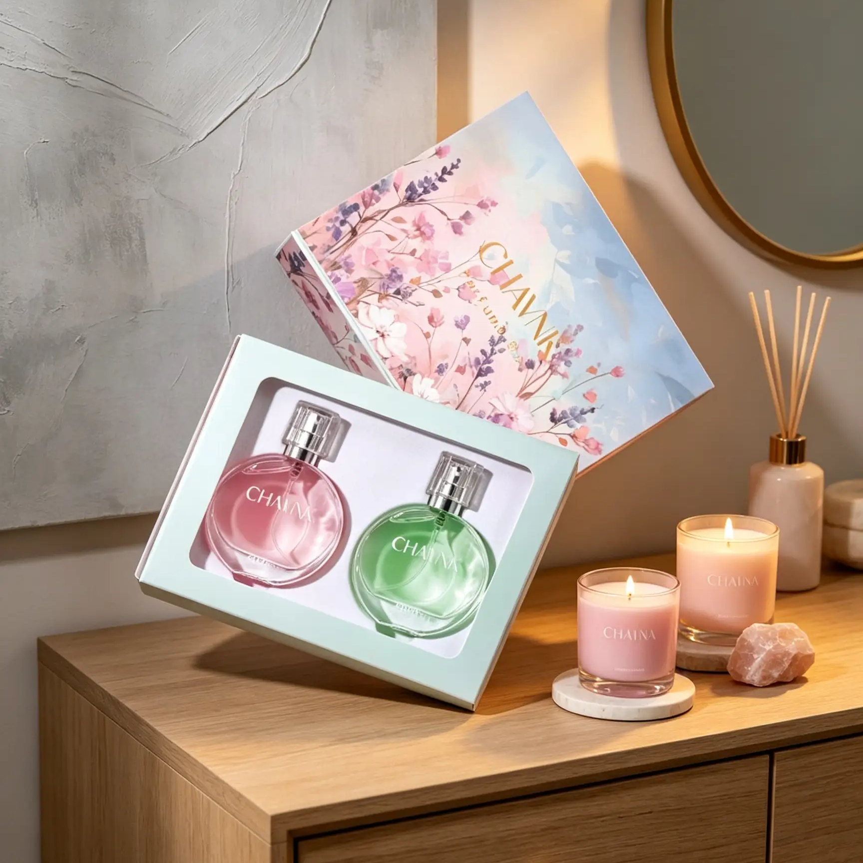 CHAVNK 2Pcs Women Perfume Gift Set 30ml×2, Fresh Floral Fruity Eau de Toilette, Round Mini Bottle Luxury Floral Print Box
