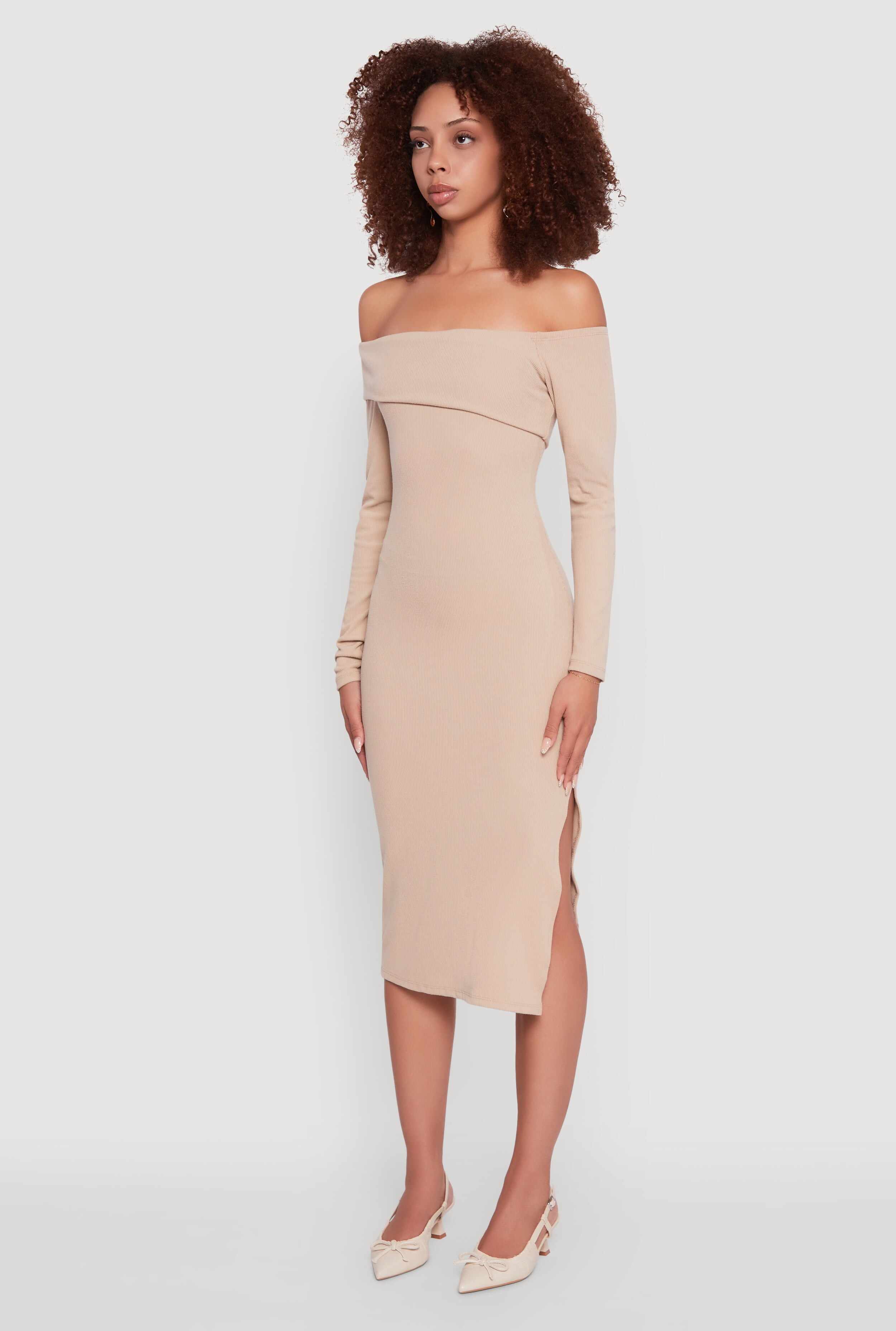 Asymmetrical Fold Over Off The Shoulder Side Slit Dress