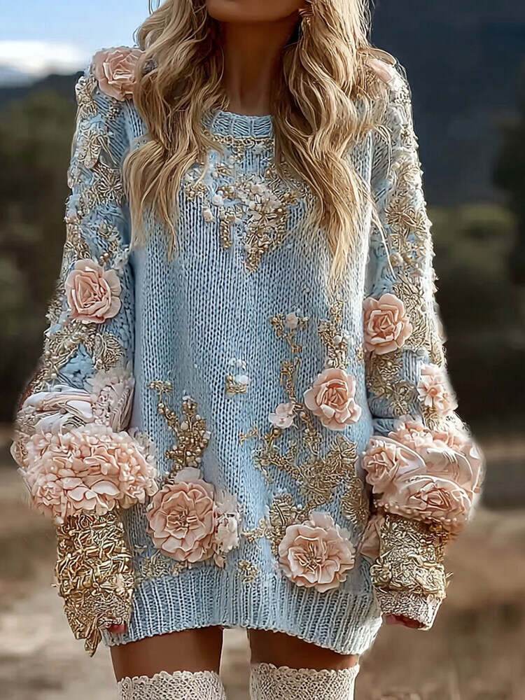 Women's Retro Pink Rose Floral Art Cozy Crew Neck Sweater