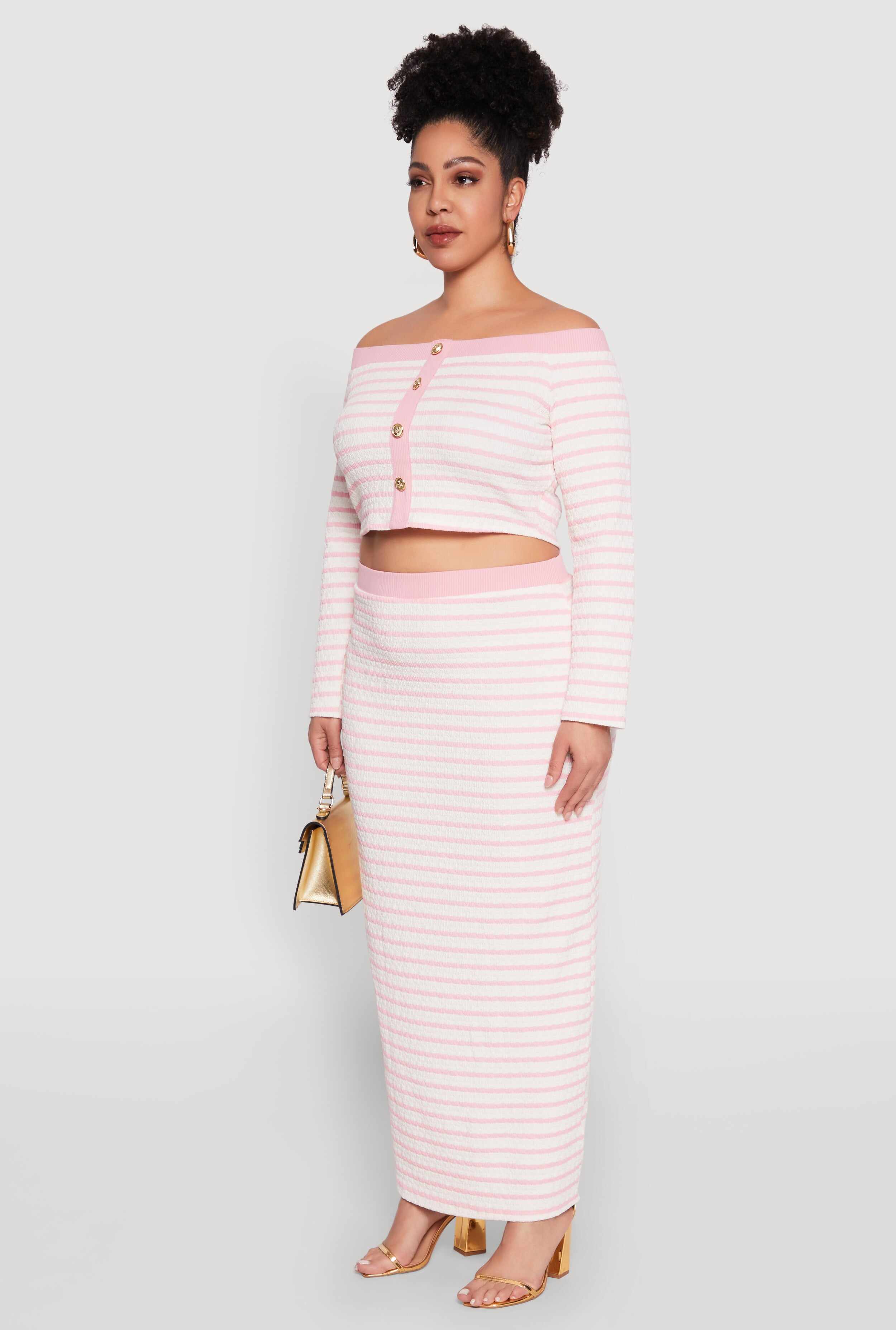 Plus Size Striped Faux Button Off the Shoulder Top