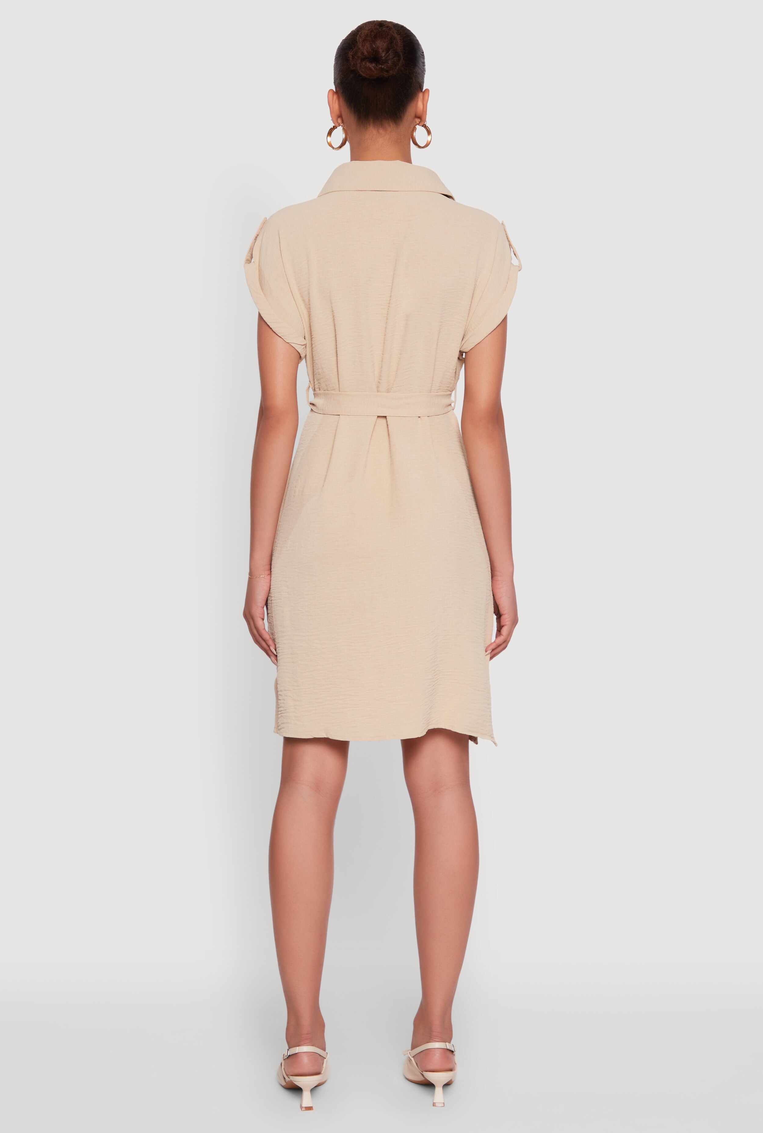 Airy Tabbed Sleeve Shirt Dress with Tie Waist Belt