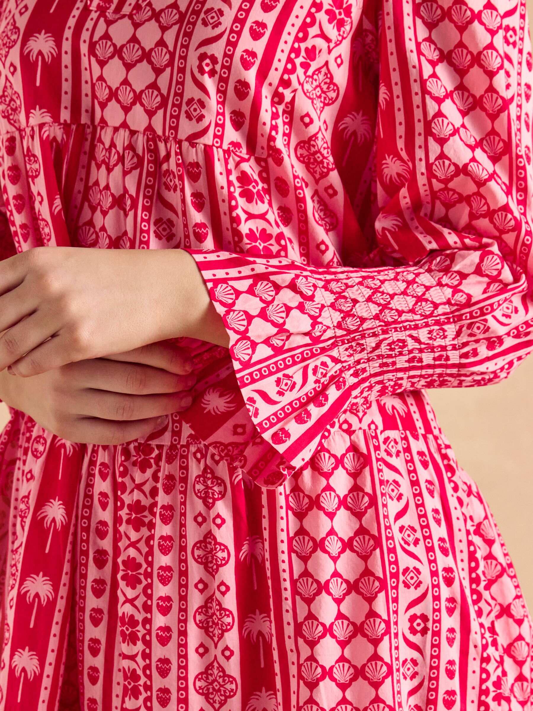 Alessia Pink Cotton V-Neck 3/4 Length Sleeve Tiered Dress