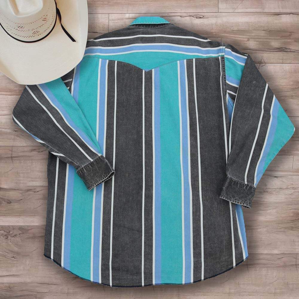Men's Casual Western Blue Black Striped Shirt