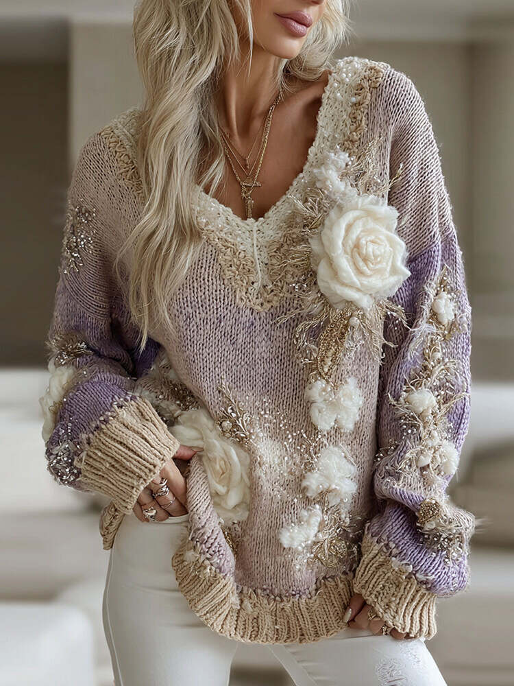 Women's Retro Gradient Purple Floral Art Cozy V Neck Sweater