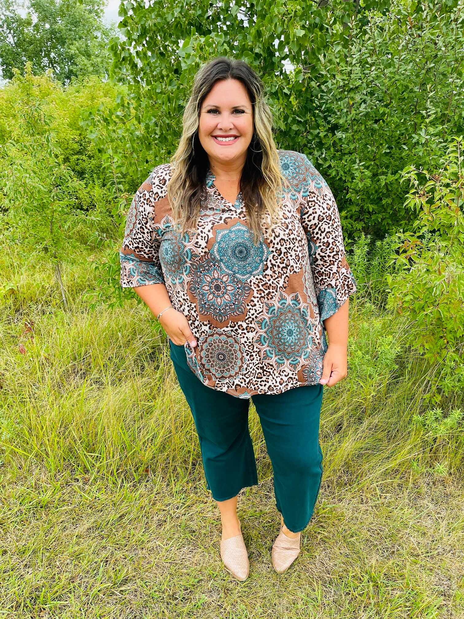 Plus/Reg Bright As A Button Fly Wide Leg Teal Jeans