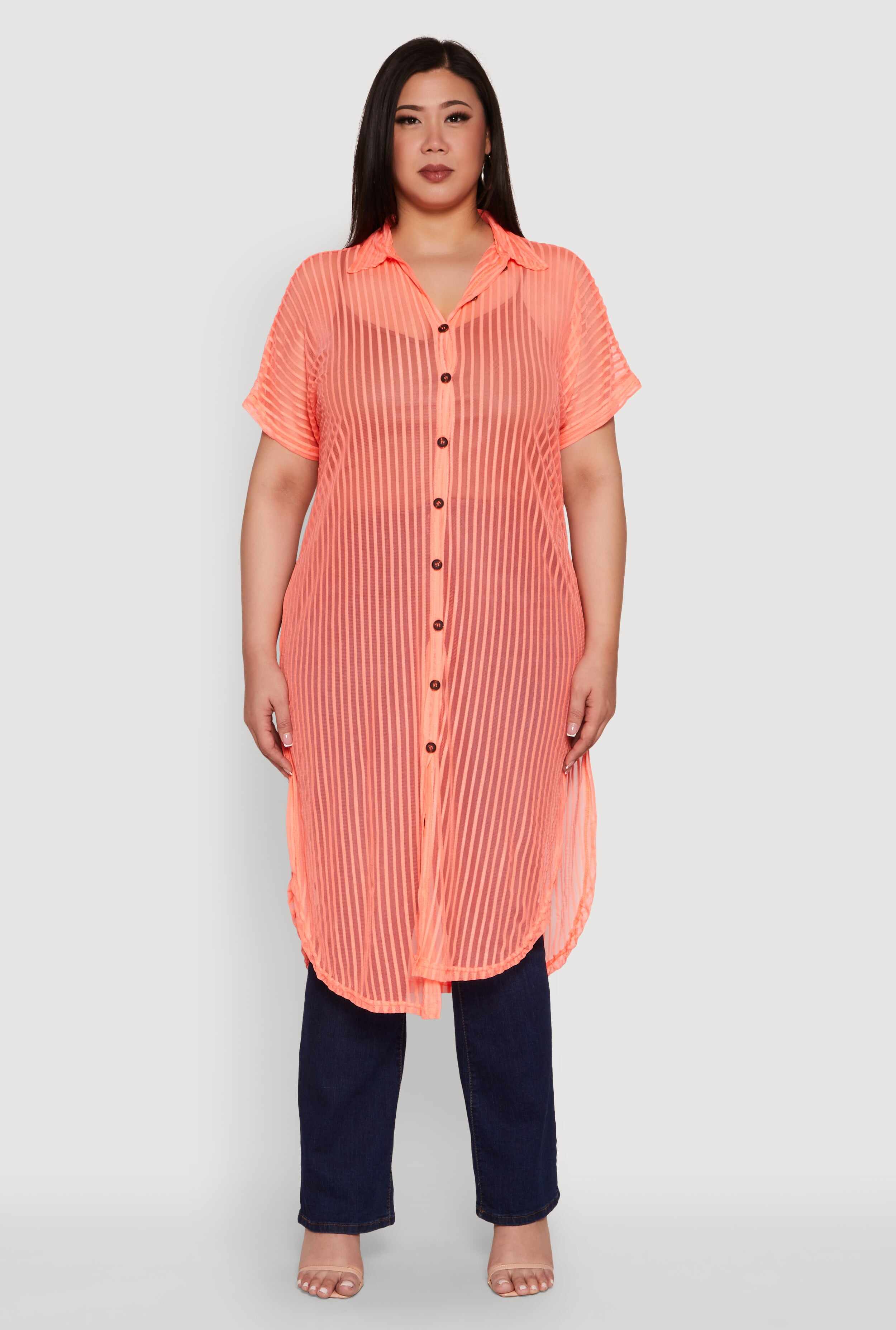 Plus Size Mesh Button Front Side Slit Shirt