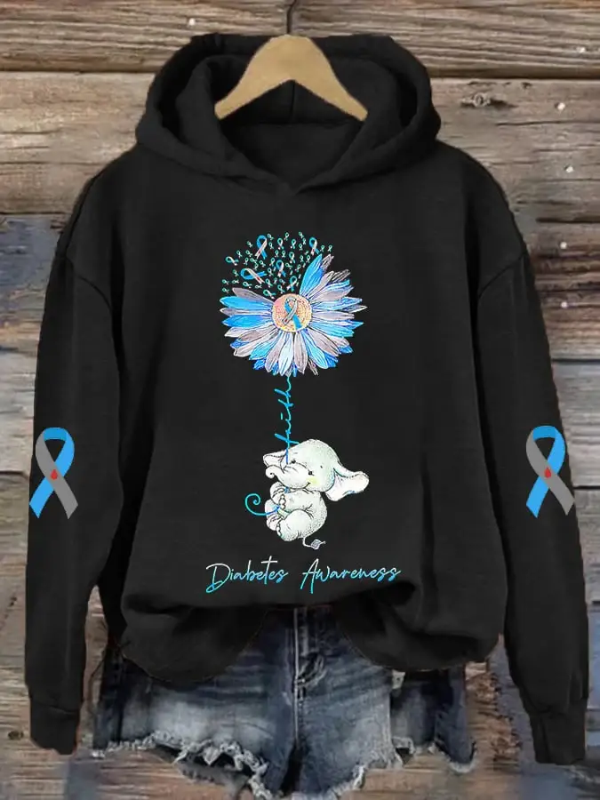 Women's Diabetes Awareness Faith Elephant Ribbon Print Hoodie