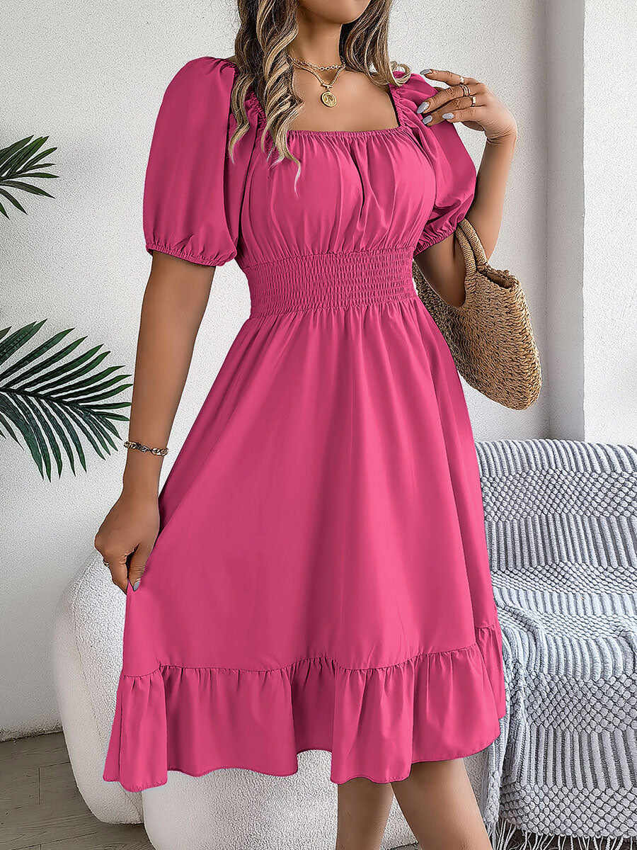 🔥Summer Arrivals🌟Women's Casual Solid Color Square Neck Short Sleeve Dress