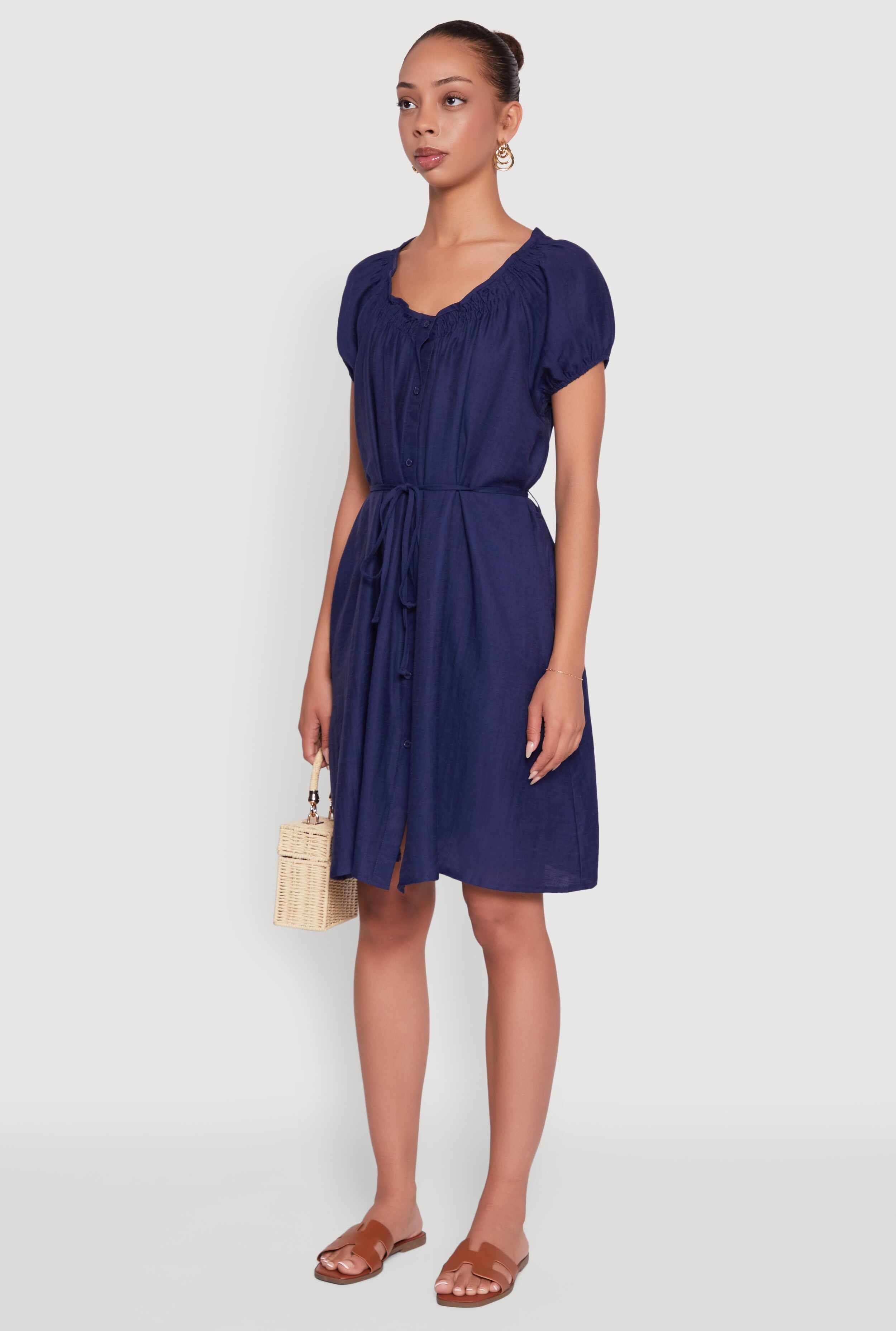 Chic Linen Peasant Dress with Pockets and Tie Waist Belt