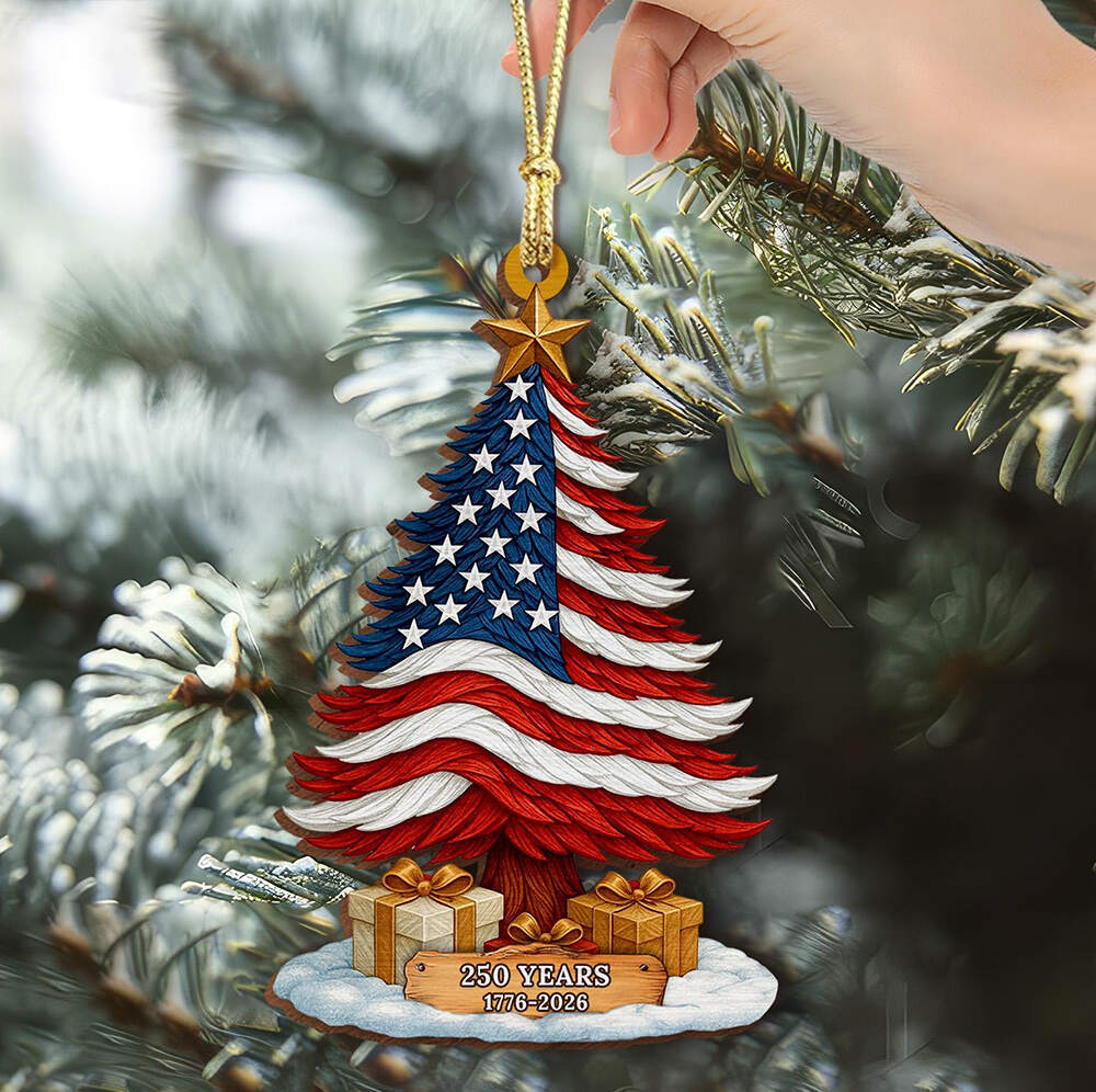 250 Years of America Patriotic Christmas Tree Wooden Ornament