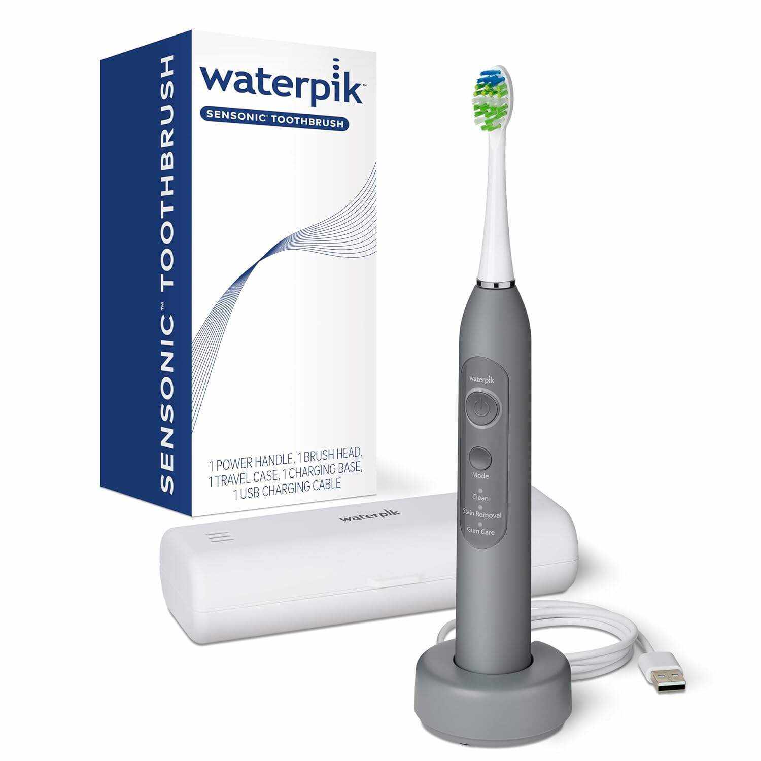 Waterpik Sensonic Sonic Electric Toothbrush, Rechargeable Toothbrush for Adults with 3 Modes, Travel Case, USB Charger, White STW-03W020