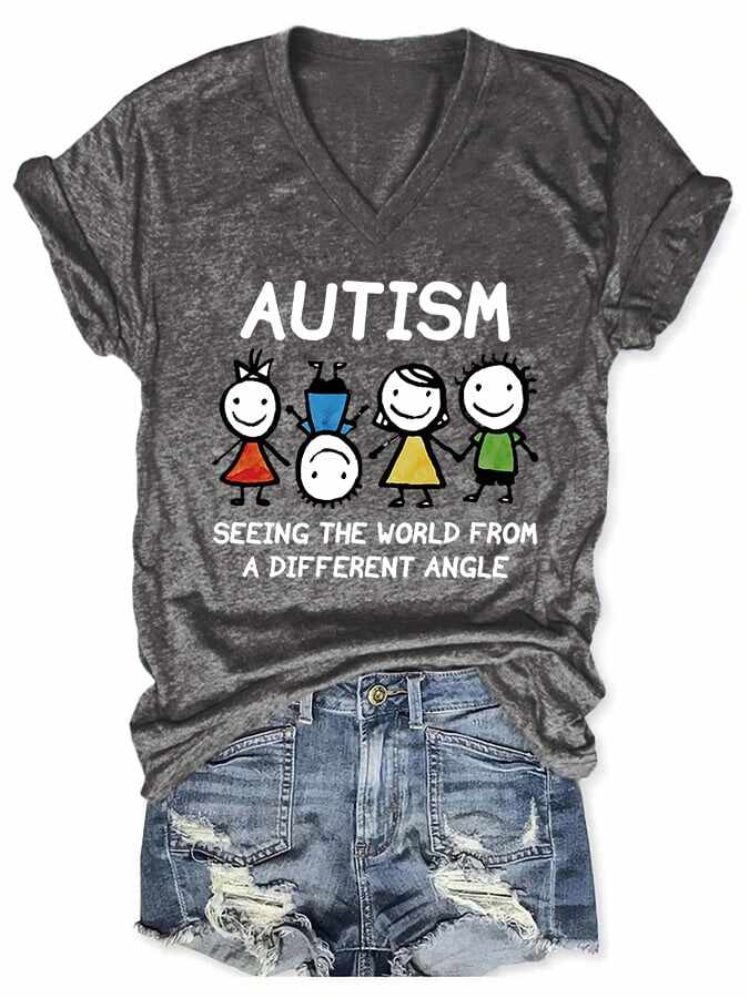 V-neck Autism Awareness Autism Seeing The World From A Different Angle Print T-Shirt