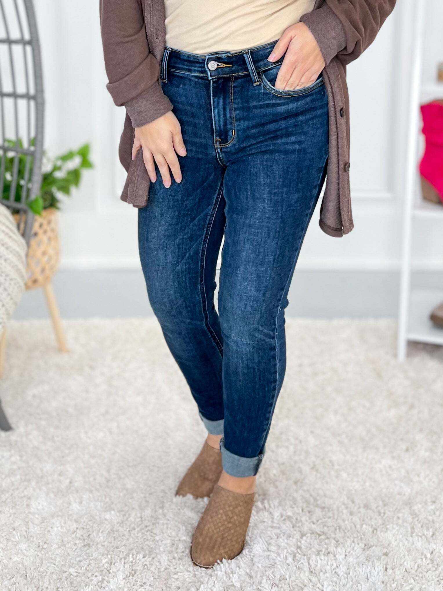 The Skinny Dip - Christmas Vintage Raw Hem Skinny Jeans- Final Sale