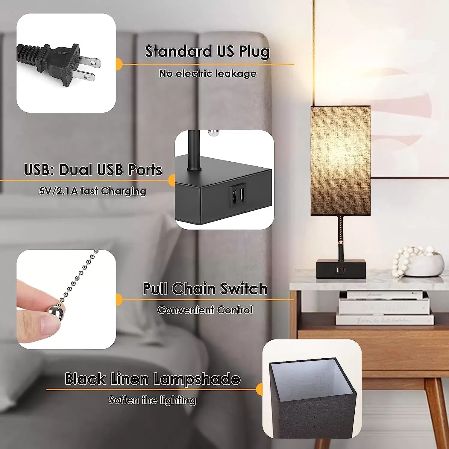 GGOYING Bedside Table Lamp, Pull Chain Table Lamp with Dual USB Charging Ports, 2700K LED Bulb, Fabric Linen Lampshade, Nightstand Lamp for Livingroom Bedroom Office Reading Working