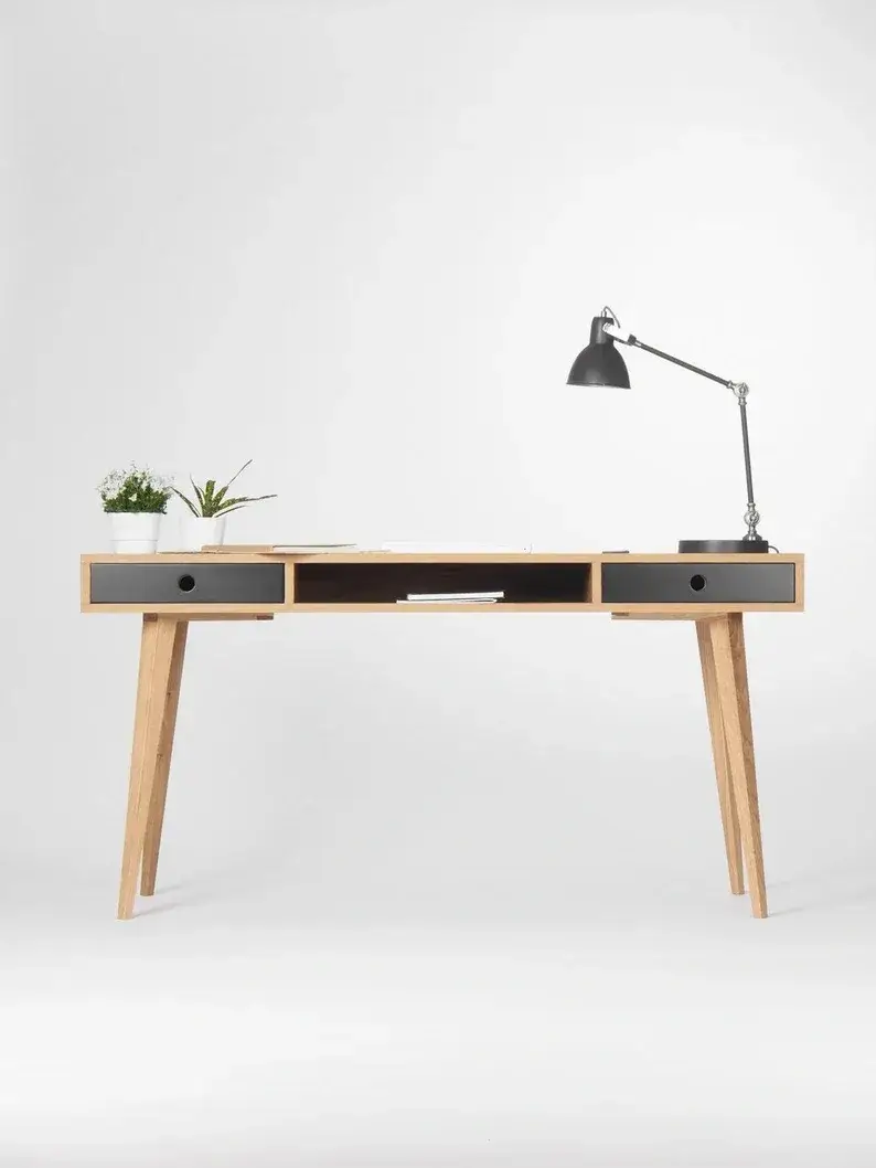 Large modern oak desk, computer table, bureau with black drawers, oak wood, mid century modern, customized size and finish;Send 1 stool(pictured)