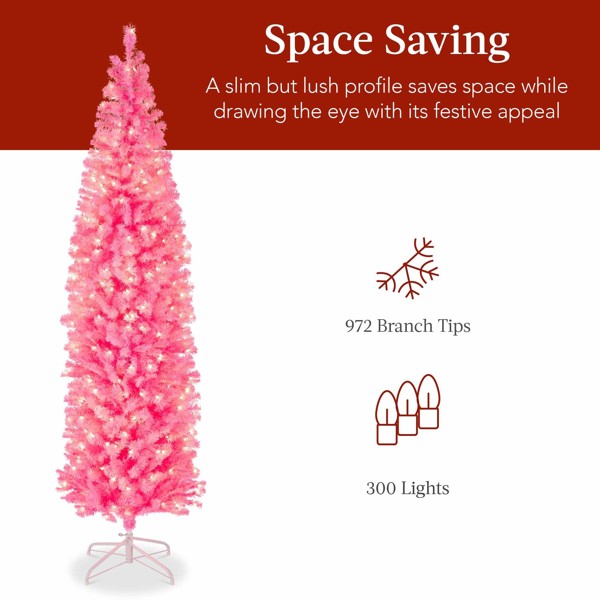 Pre-Lit Pink Artificial Pencil Holiday Tree w/ Warm White Lights, Stand
