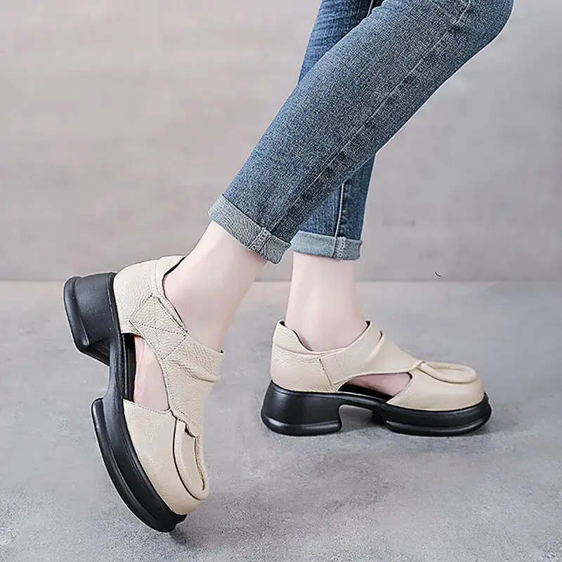 Women'S Thick Sole Hollow High Heeled Sandals With Velcro