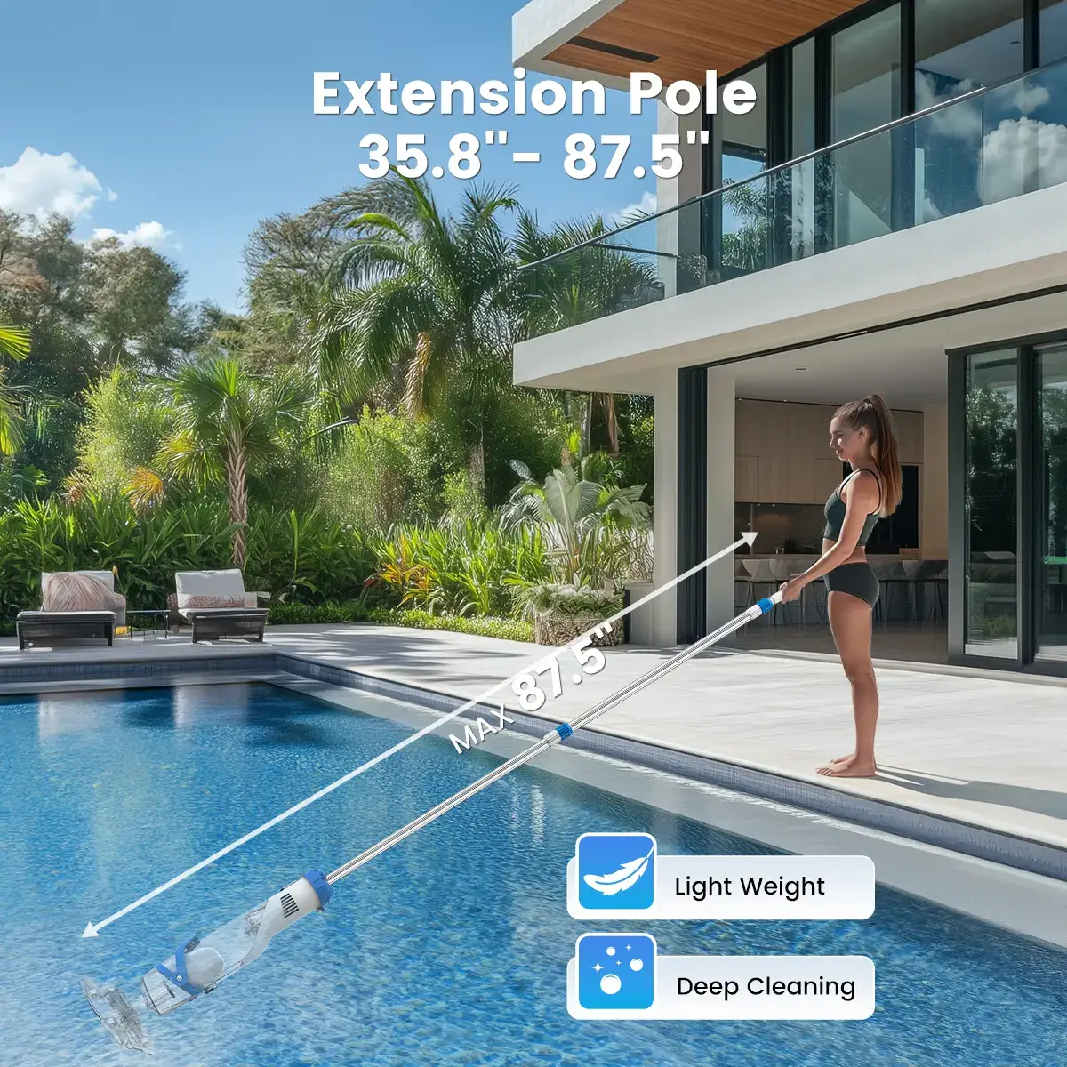 New Upgrade PC18 Pool Vacuum for Above Ground Pool with Telescopic Pole, Running time up to 1H, Handheld Design with Powerful Suction up to 18.5 gallon/min Ideal for Leaves, Debris