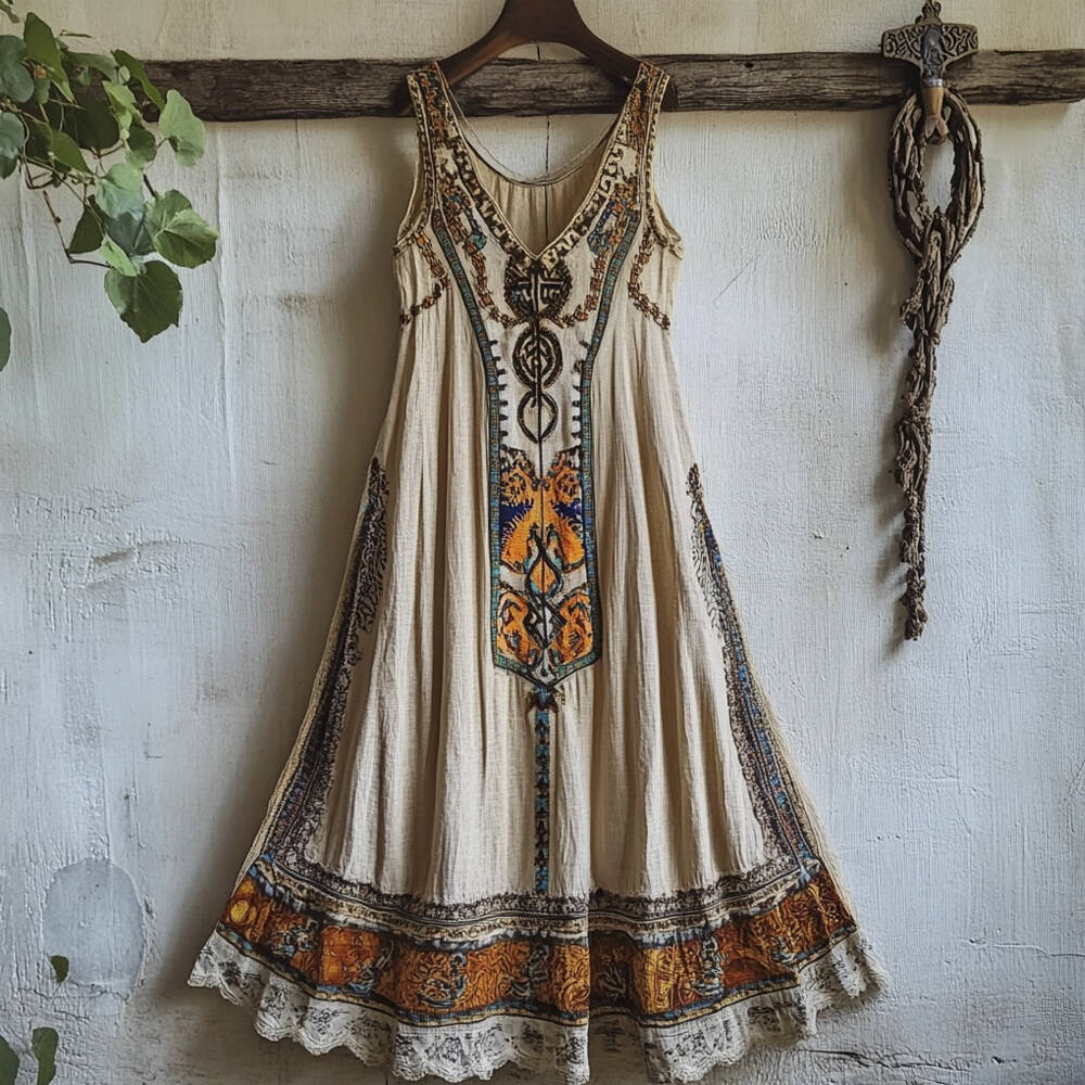 Vintage Bohemian Floral Linen Tank Dress