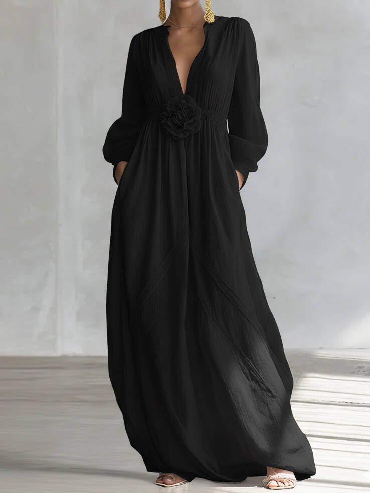 🔥Summer Arrivals🌟Elegant Three-dimensional Floral Cotton And Linen Maxi Dress