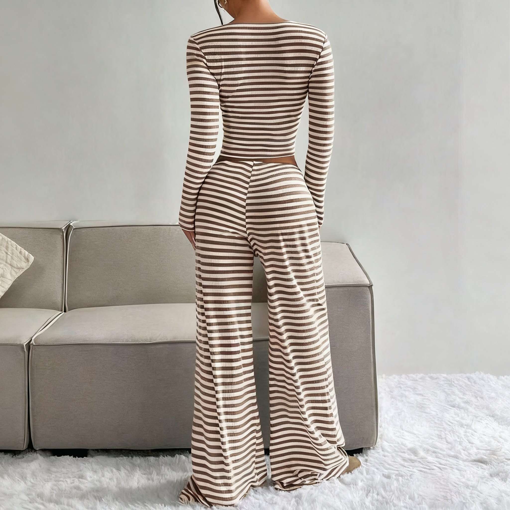 Women's Slouchy Square Neck Stripe Long Sleeve Crop Top & Low-Rise Wide Leg Trousers Co-ord