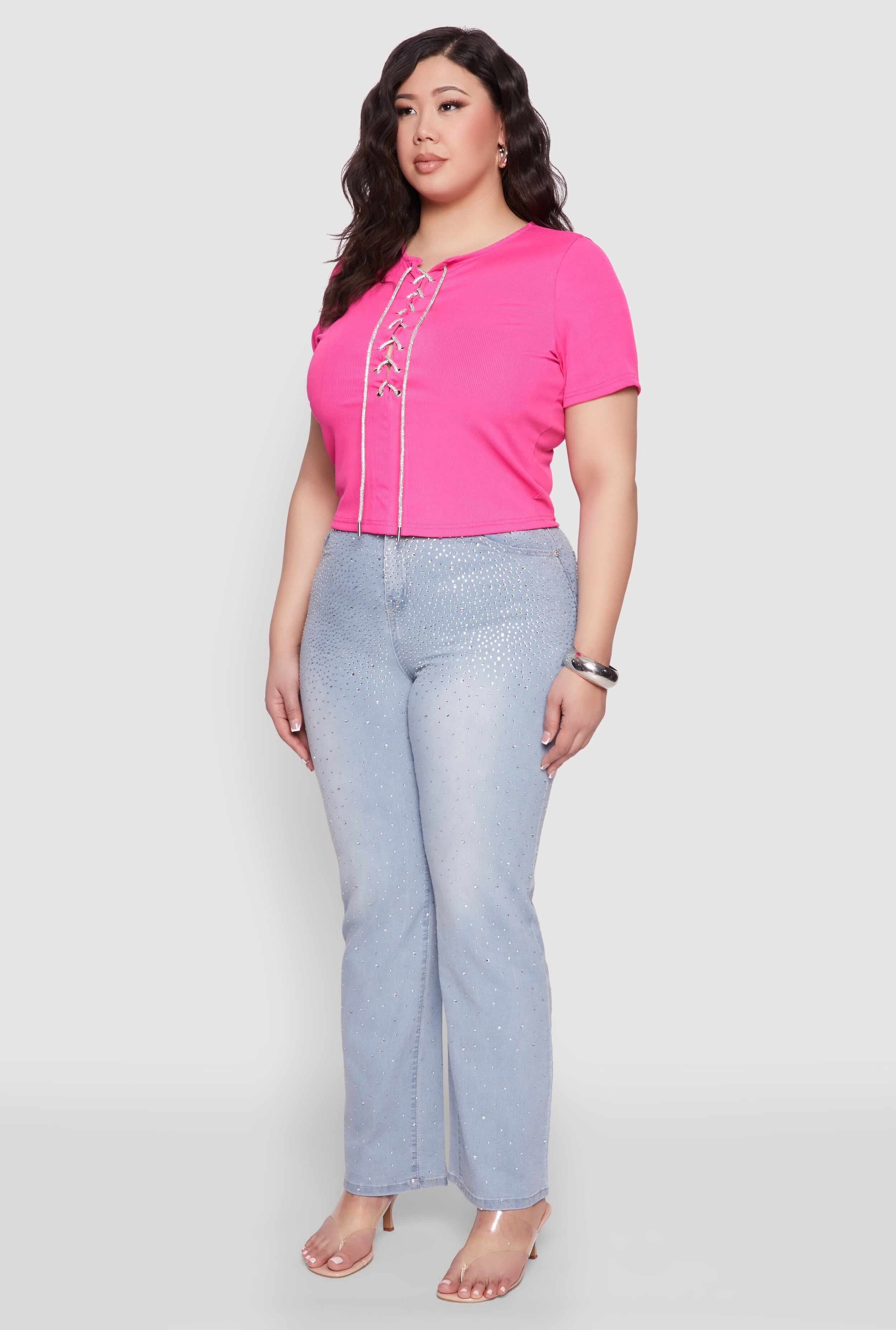 Plus Size Rhinestone Lace Up Short Sleeve Top