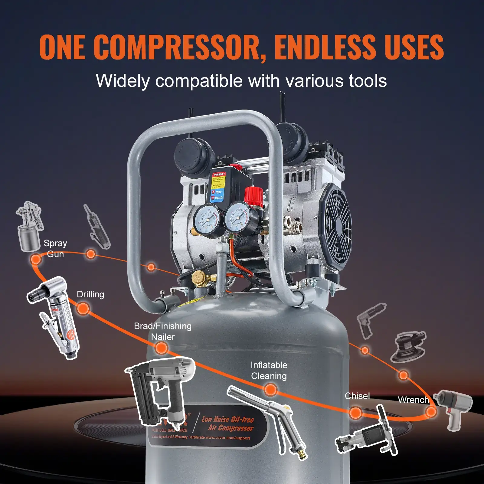 13 Gallon Air Compressor,, 2HP 4.6 SCFM@90PSI Oil Free Air Compressor Tank, 66dB Ultra-Quiet Compressor for Tire Inflation, Auto Repair, Woodwork Nailing, Spray Painting (125PSI Max Pressure)