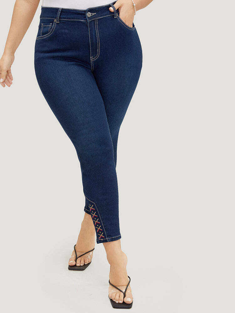 Very Stretchy High Rise Dark Wash Geometric Embroidered  Jeans